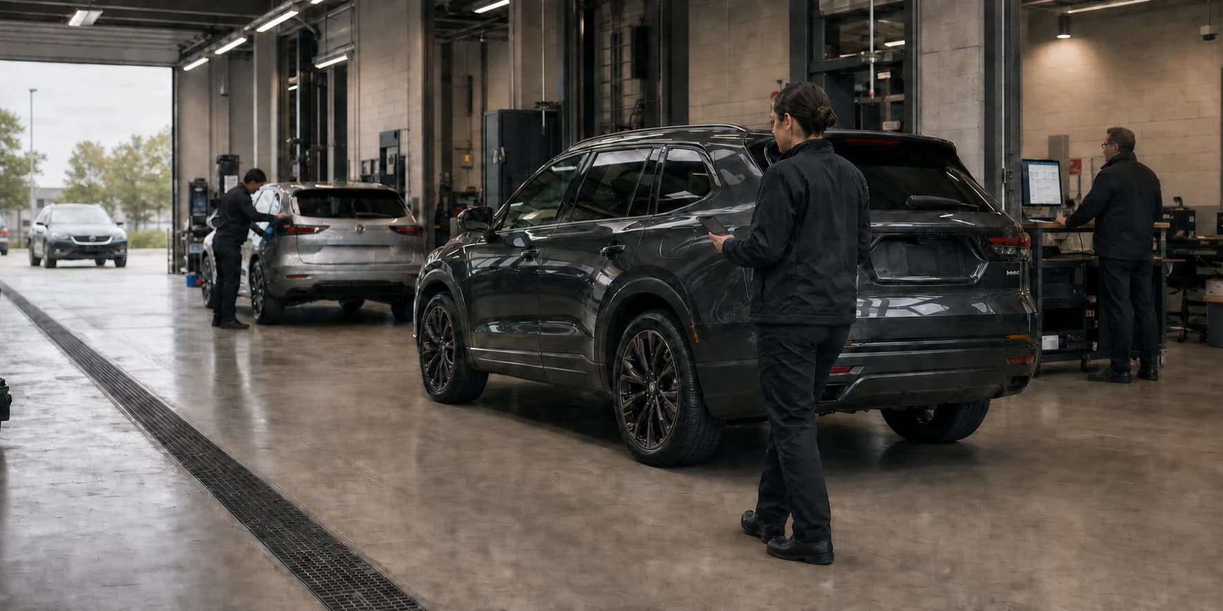 Multiple dealership workflow stages taking place in one service lane while a mobile Halo task and the Operations Board remain visible.