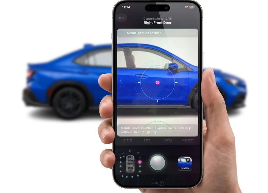 Halo guided capture interface showing live targeting, coverage mapping, and readiness controls around a blue vehicle.