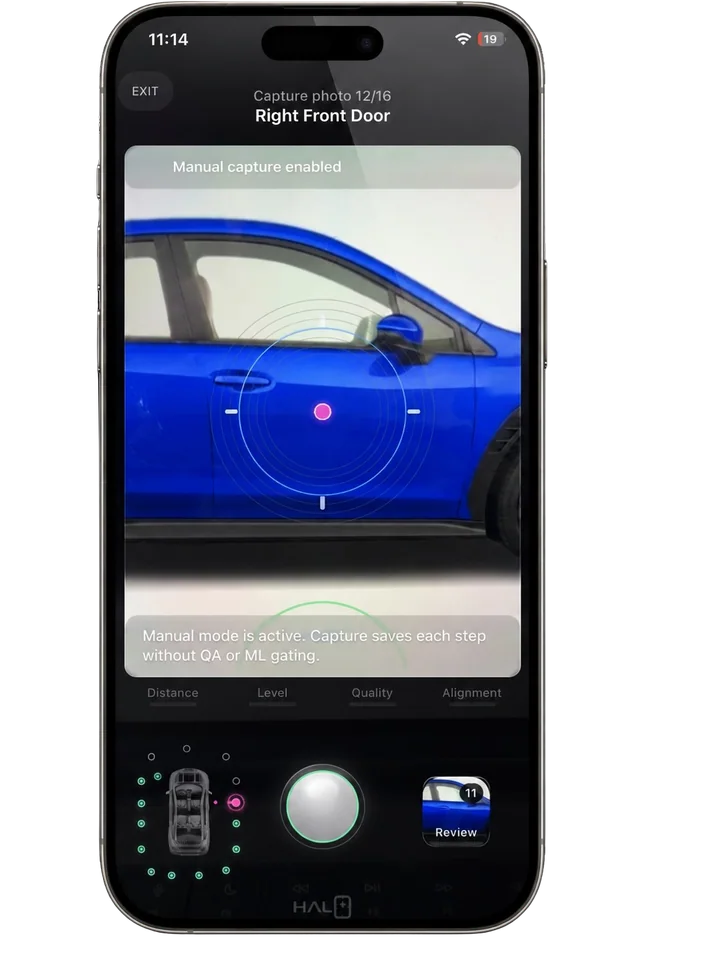Halo Compass guided capture interface on mobile phone.