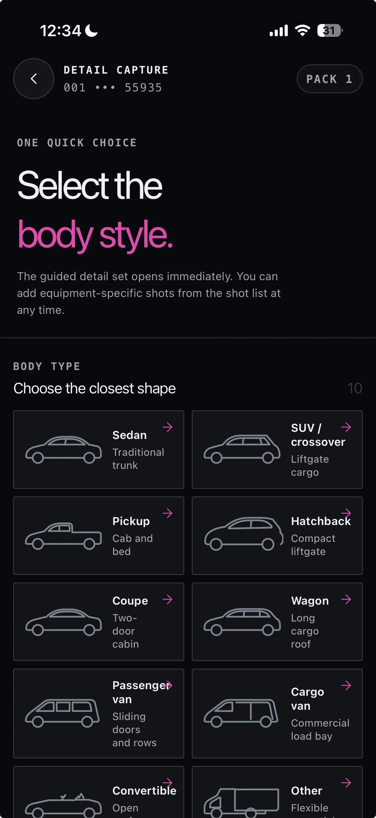 Current Halo Detail Capture screen for selecting the real vehicle body style.